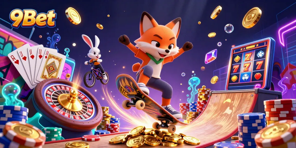 Experience the excitement of 9Bet with animated casino elements and engaging characters in a vibrant scene.