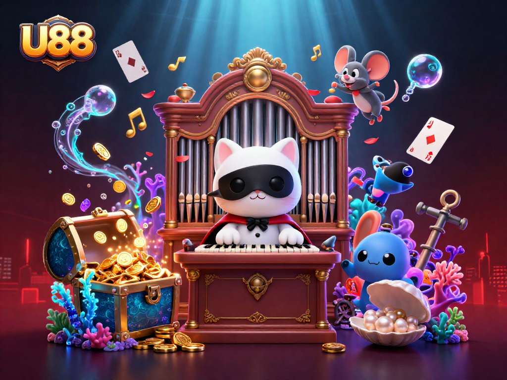 U88 offers immersive gaming with a whimsical scene featuring a casino cat and acrobat.
