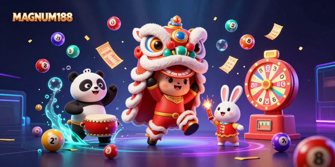 Engage with MAGNUM188 as the lion dance takes center stage, surrounded by vibrant lottery elements.