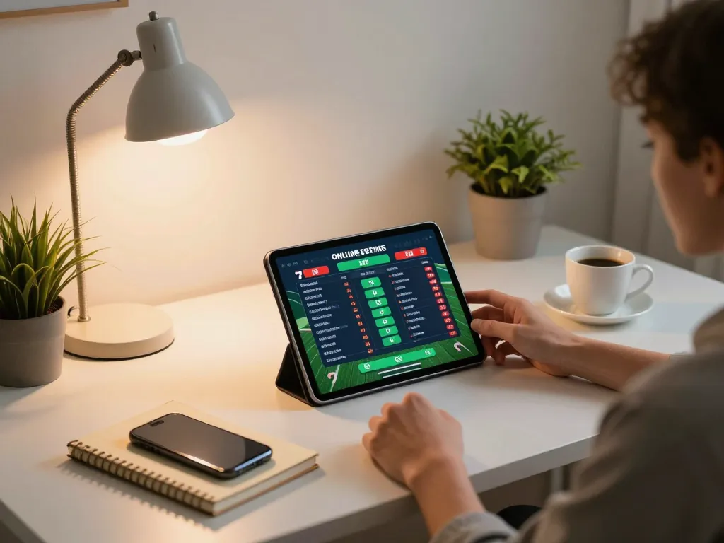 Using the 7m-7m platform for live sports betting on a tablet in a cozy home office.