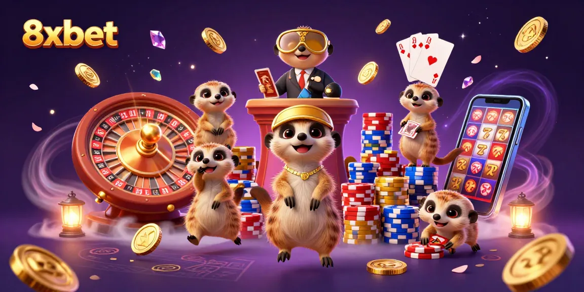 8xbet meerkats running a casino operation with dynamic game elements and vibrant atmosphere.