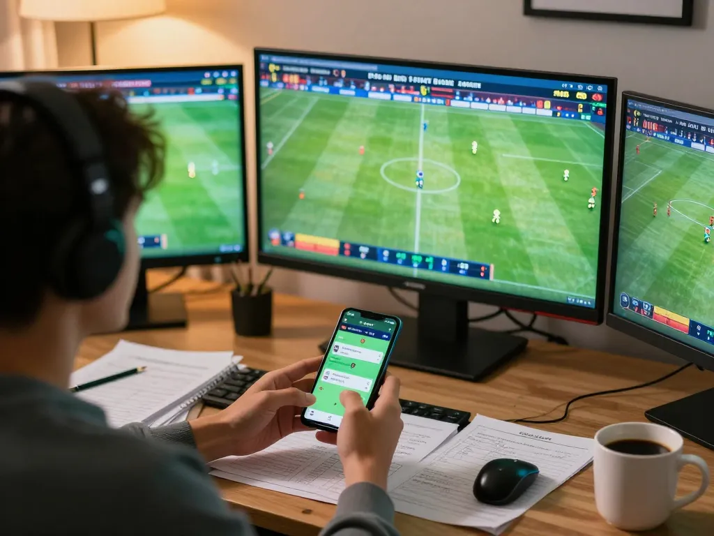 Tỷ lệ kèo nhà cái 5 displayed on multiple screens while engaging in online sports betting from a cozy home setup