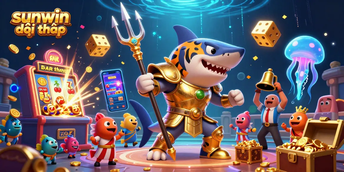 Experience the thrill of sunwin đổi thưởng with this vibrant underwater casino scene, featuring an armored tiger shark.