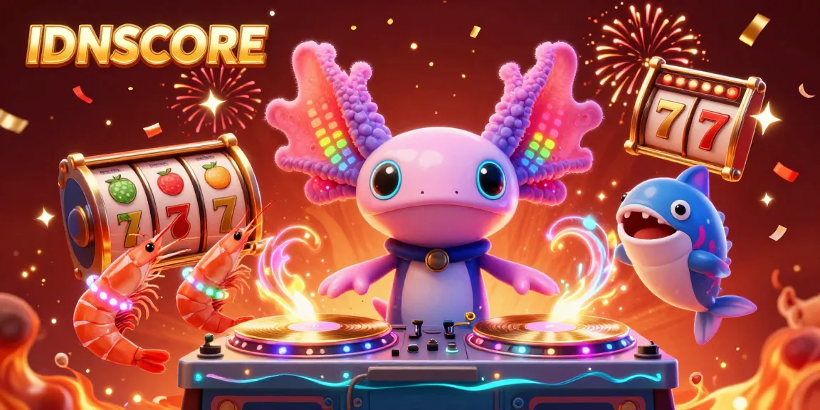Engage with IDNSCORE through vibrant slot games amidst lively characters and celebratory elements.