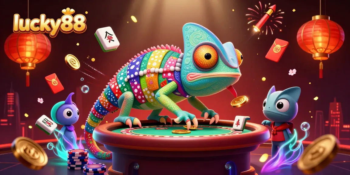 Experience lucky88's vibrant casino world with a colorful chameleon amidst exciting gaming elements.