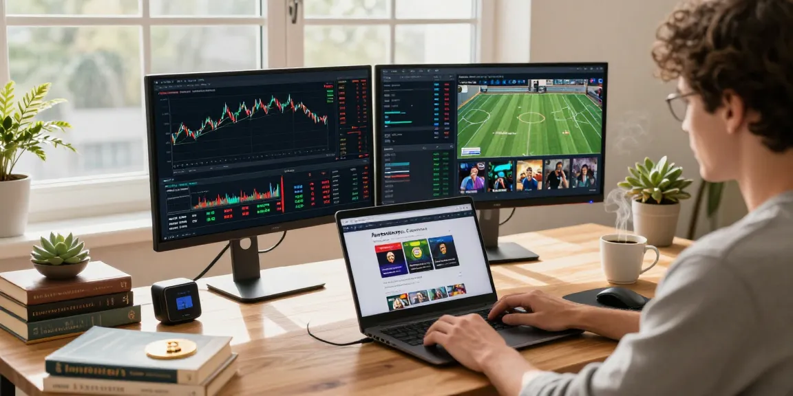 Funexchange platform displayed on a laptop in a modern home office with sports betting and cryptocurrency charts.