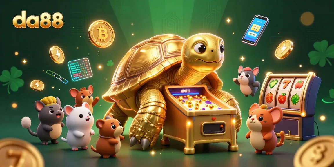 Engage with the da88 casino world featuring a colossal tortoise pinball machine surrounded by crypto elements.