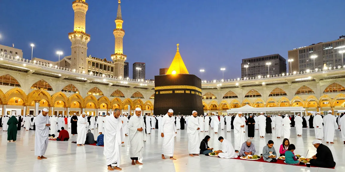 "An inspiring moment of Umroh Ramadan with pilgrims at the Grand Mosque enjoying their travel experience during the holy month."