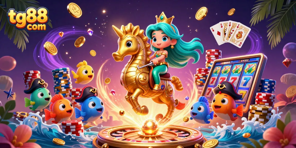 Experience the excitement at tg88 com with an engaging mermaid riding a seahorse in a vibrant casino scene.
