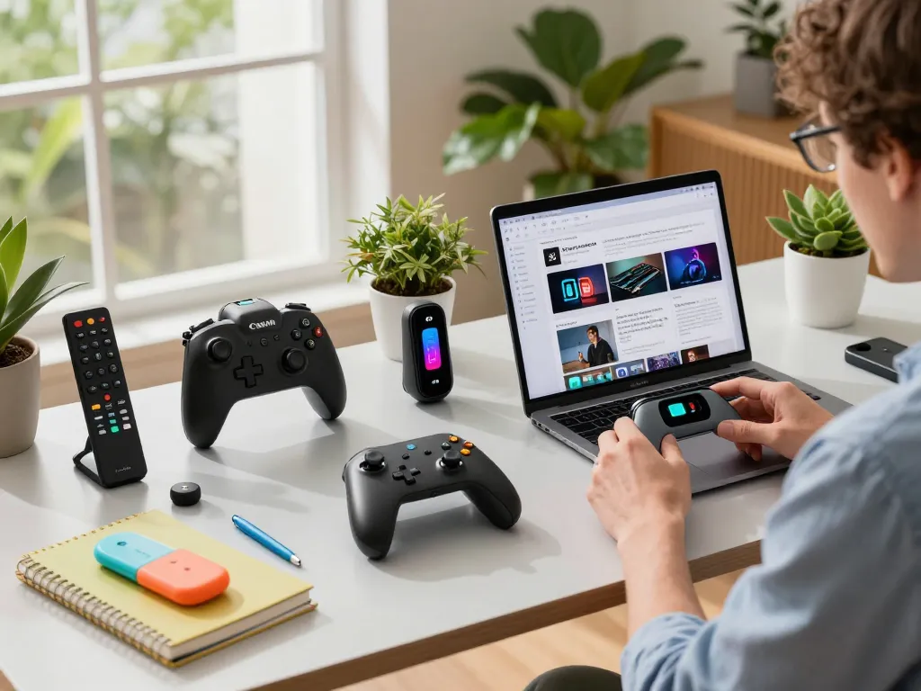 Featured scene with a person exploring trending tech gadgets in a bright workspace.