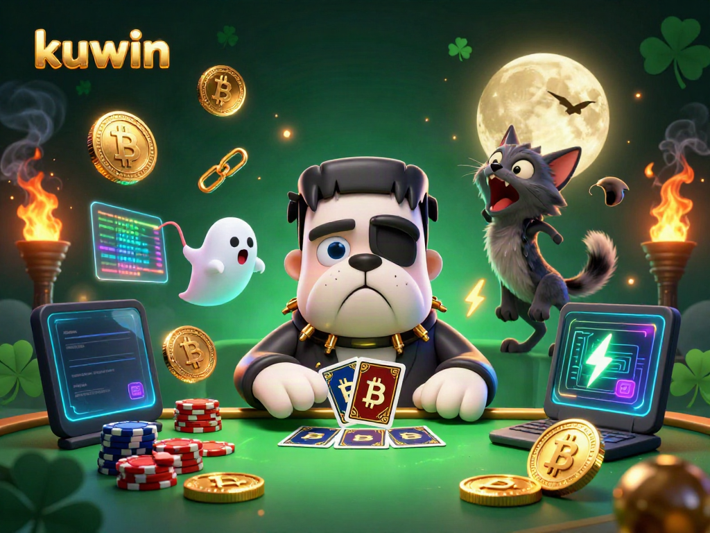Kuwin's dynamic casino scene featuring a Frankenstein bulldog and a werewolf kitten in a magical gaming atmosphere.