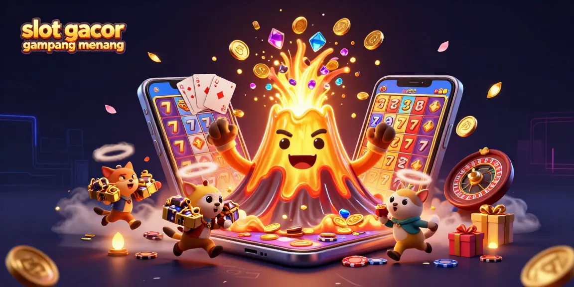 Experience creative joy with slot gacor gampang menang, featuring a jubilant golden volcano spilling treasures in a vibrant casino scene.