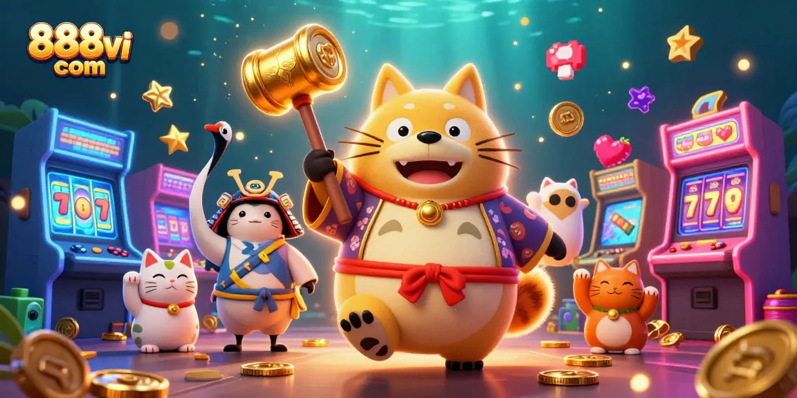 Experience exciting games at 888vi com with this vibrant 3D casino scene featuring lucky symbols and characters.