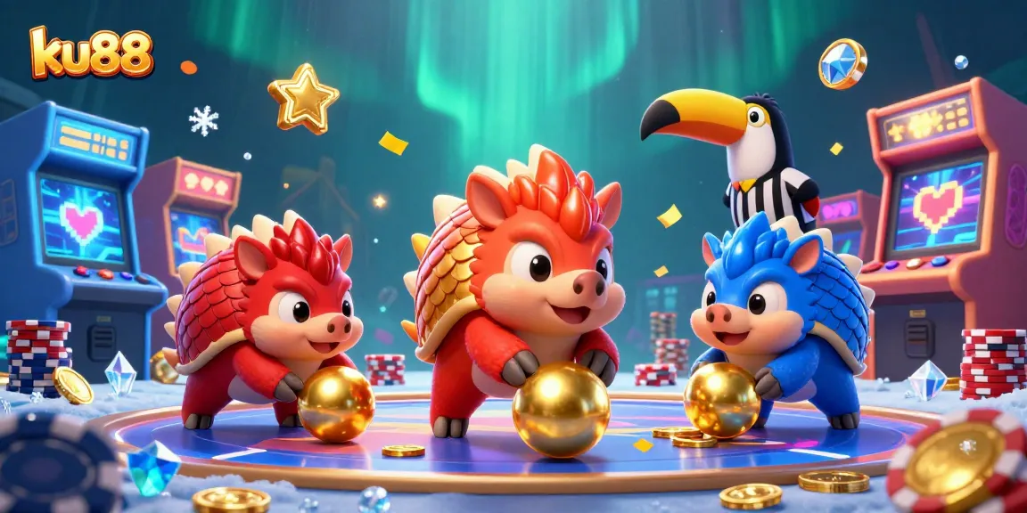 ku88 pangolins roll through poker chips in a vibrant 3D casino scene