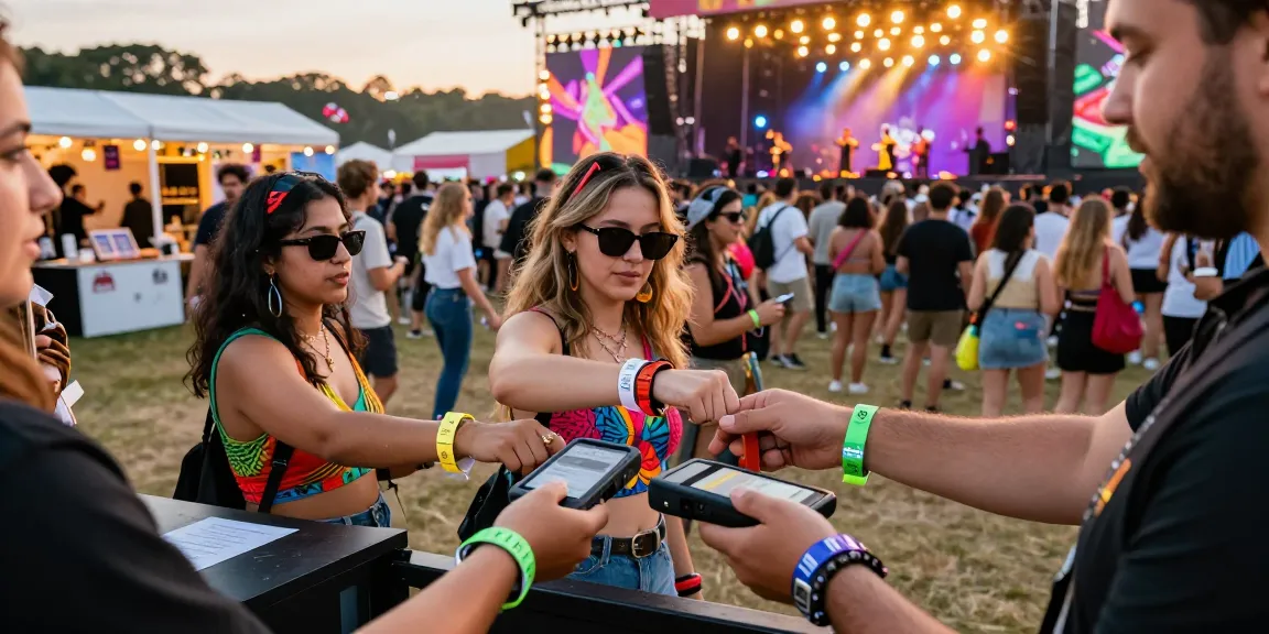 Festival-goers using pulsera monedero eventos for access and cashless payments, showing vibrant atmosphere and technology integration.