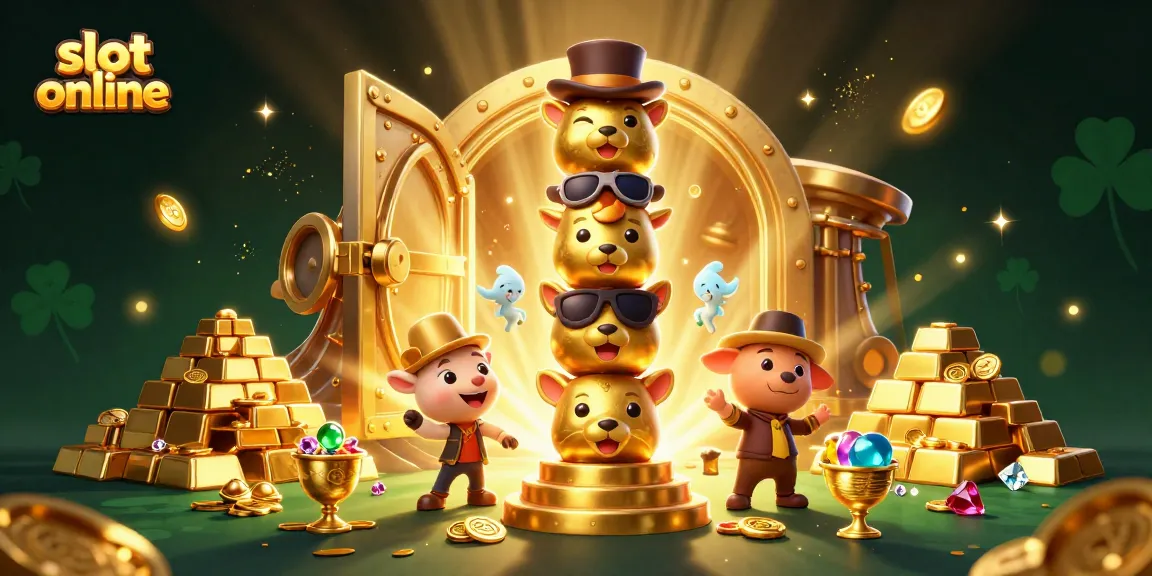 Mainkan slot online dengan totem berwarna-warni dan simbol keberuntungan, dikelilingi harta karun.