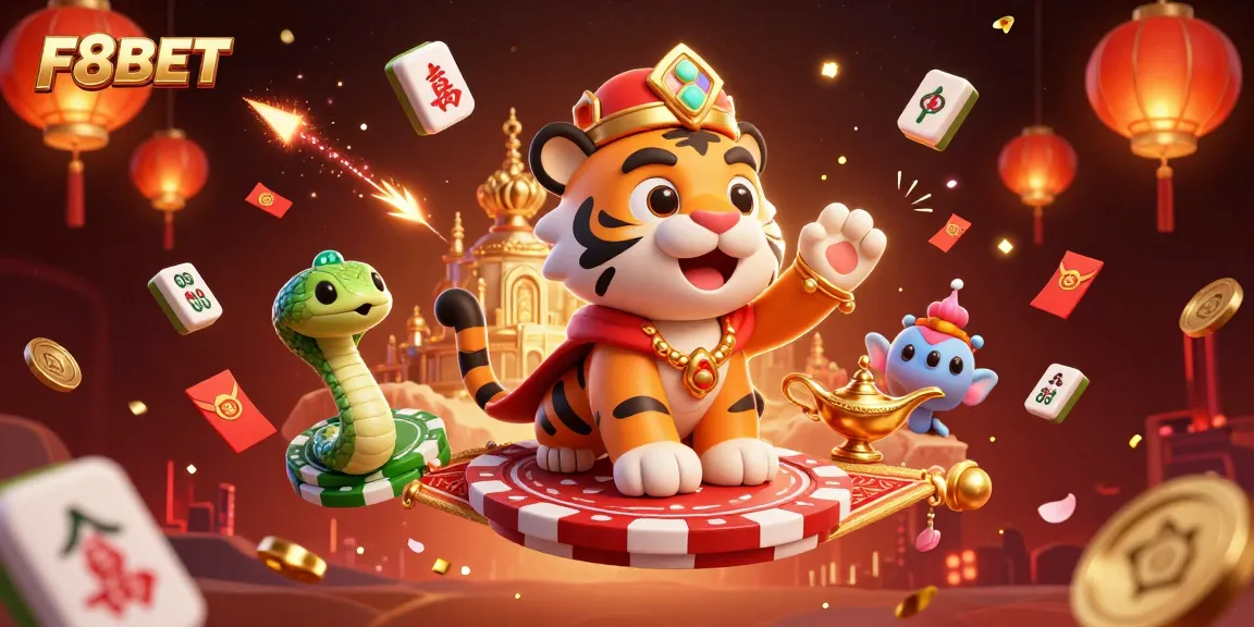 Experience F8BET's vibrant casino magic with a flying tiger on a poker chip carpet surrounded by enchanting elements.