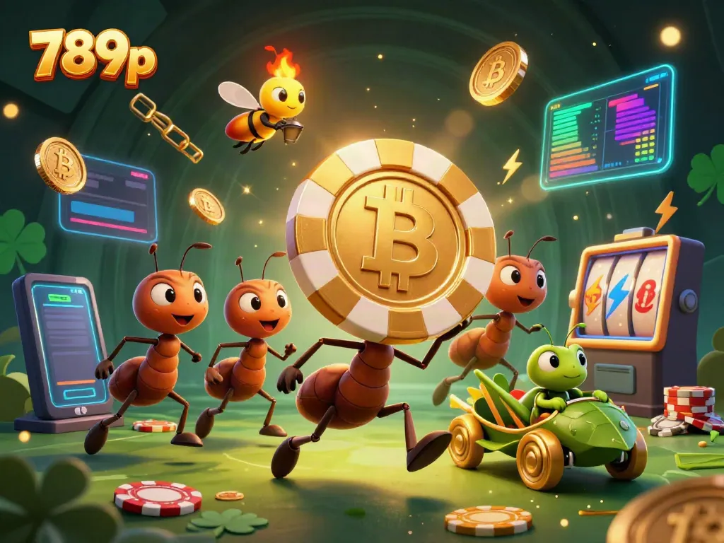Engaging heist scene featuring ants transporting a massive poker chip within a vibrant casino-themed tunnel.