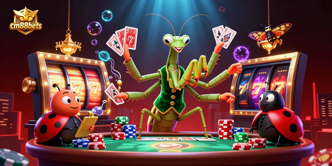Experience excitement at cm88bets with its vibrant 3D casino scene featuring card dealing mantis and ladybug pit boss.