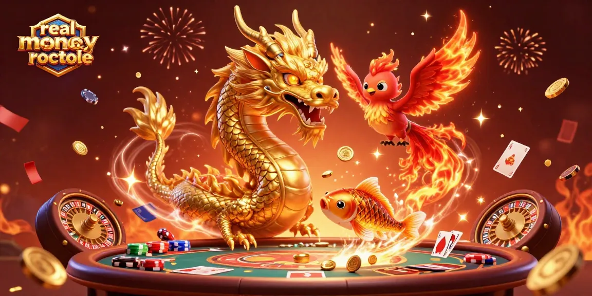 Experience real money online roulette with a dynamic 3D illustration featuring dragons, phoenixes, and casino elements.