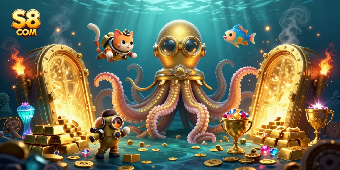 Explore the treasures of S8 COM with a kraken, diving cat, and deep-sea fish in a thrilling casino-themed illustration.