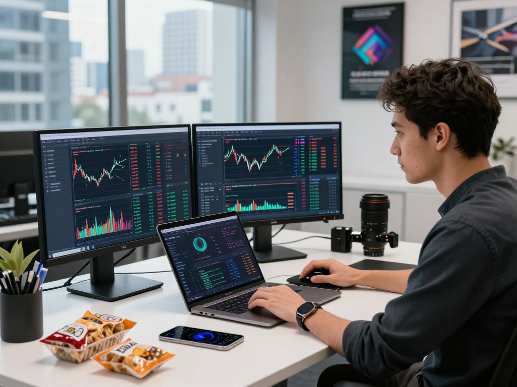 Developer working on US algo trading stock API in a modern fintech workspace with dual monitors and city view.