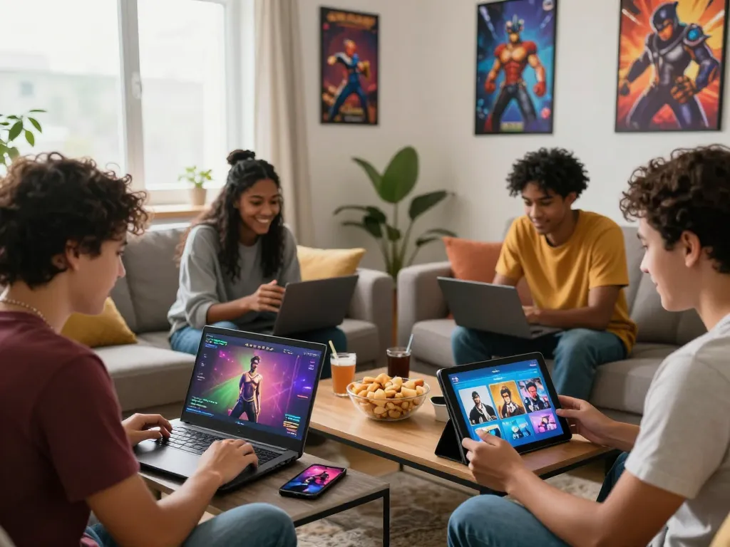 Group of friends enjoying online porn games together in a lively living room.