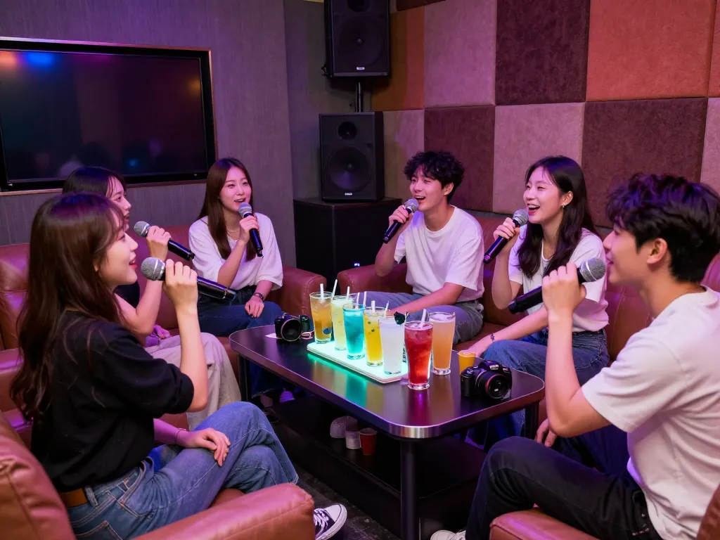 다채로운 분위기와 음료가 있는 서구청쓰리노 프라이빗 노래방에서의 활기찬 그룹 노래