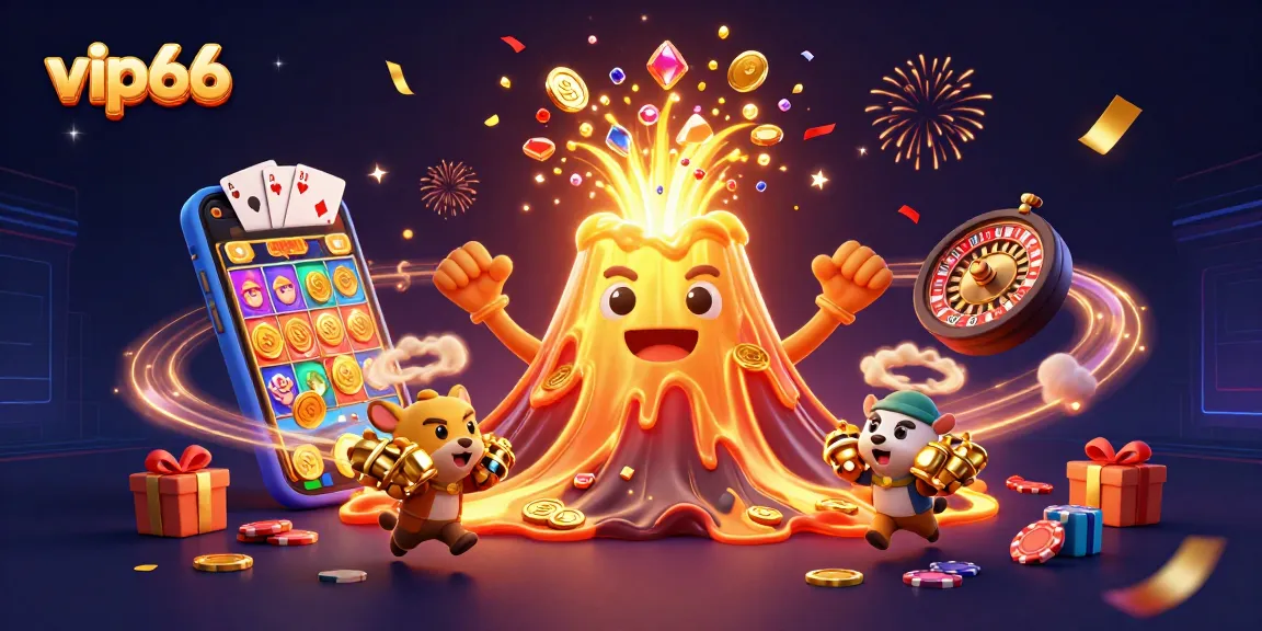 Win big with vip66 in a vibrant, colorful casino illustration showcasing excitement and treasure.