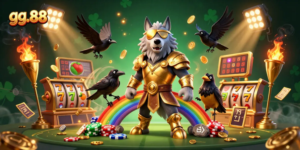 Experience thrilling slots with GG.88, showcasing Odin and his ravens amidst golden casino excitement.