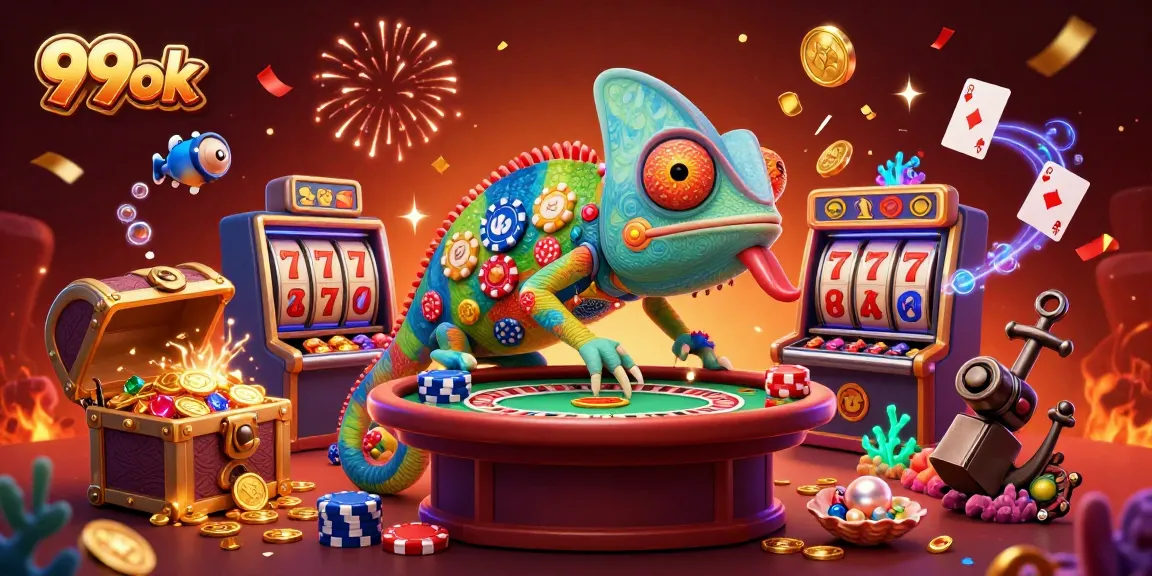 Experience the 99ok casino with a colorful 3D chameleon surrounded by exciting slot game elements.