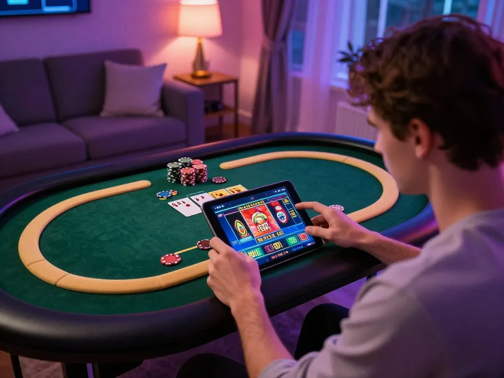 Player engaging with the 8day casino app, enjoying a strategic poker game in a cozy home setting