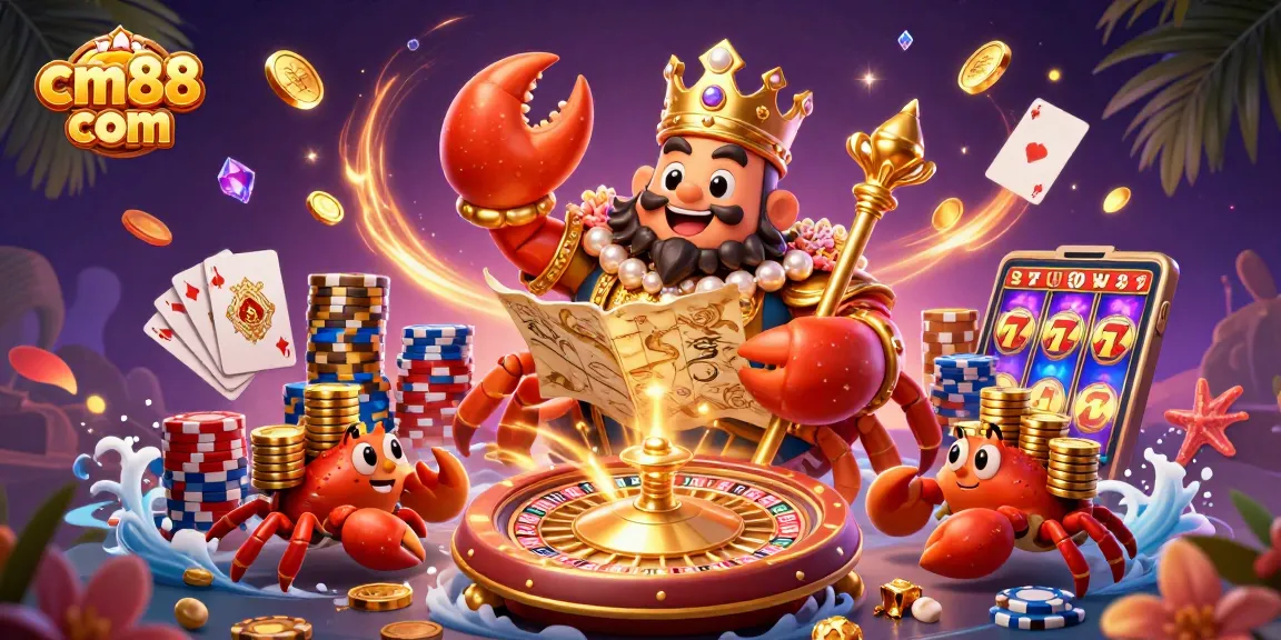 Experience excitement at cm88 com with a golden crab emperor amidst casino treasures and lively game elements.