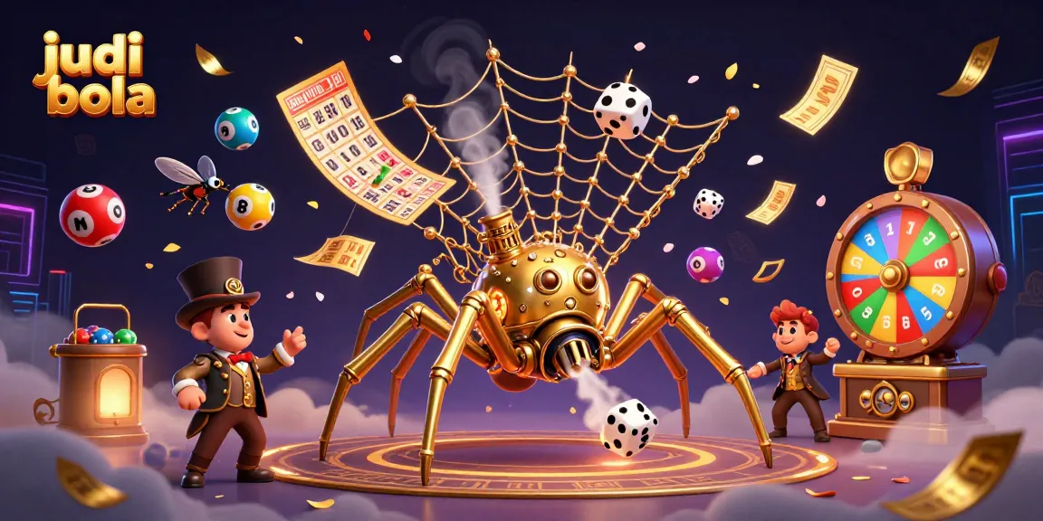 Engage in judi bola with colorful elements highlighting a 3D steampunk spider and casino motifs.