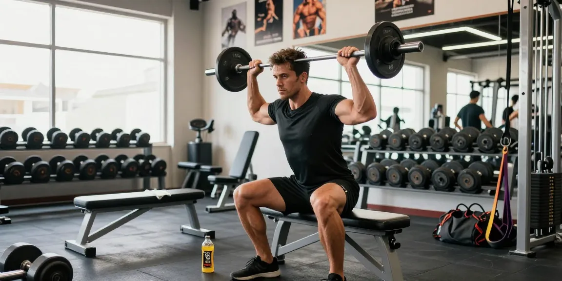 Muskelbepackter Mann, der im Anabolika Shop Deutschland mit Gewichten und Fitnessgeräten auf Kraft trainiert.