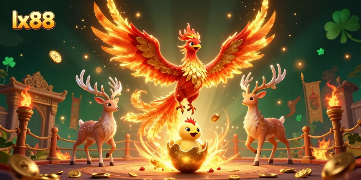 Experience epic gaming at lx88 with a fire phoenix soaring amidst golden treasures and vibrant energy.