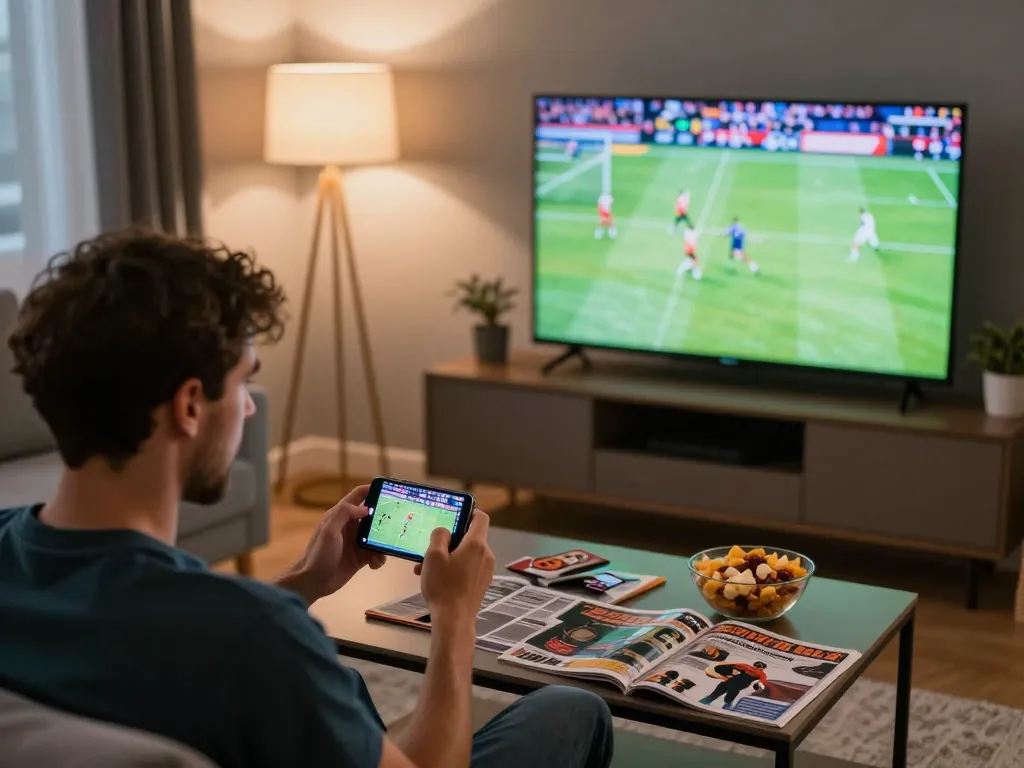 Nouveau site de paris sportif mettant en avant un passionné plaçant des paris depuis chez lui pendant un match en direct.