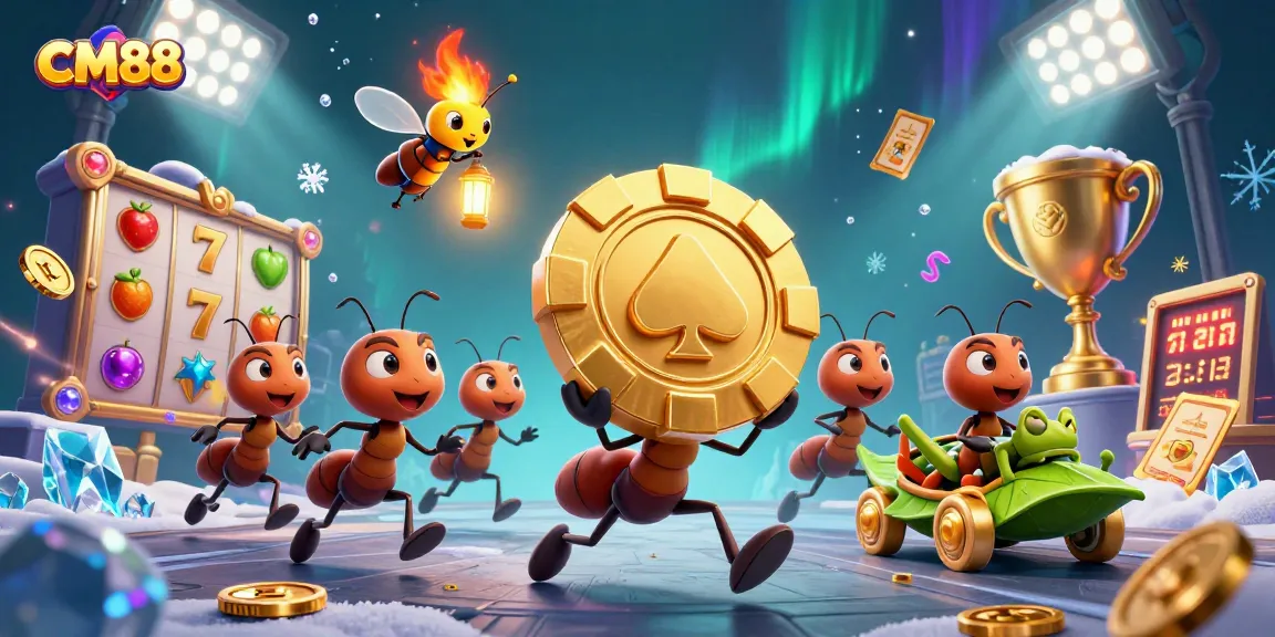 CM88 displays a dynamic heist scene with playful ants carrying a giant poker chip among vibrant casino elements.