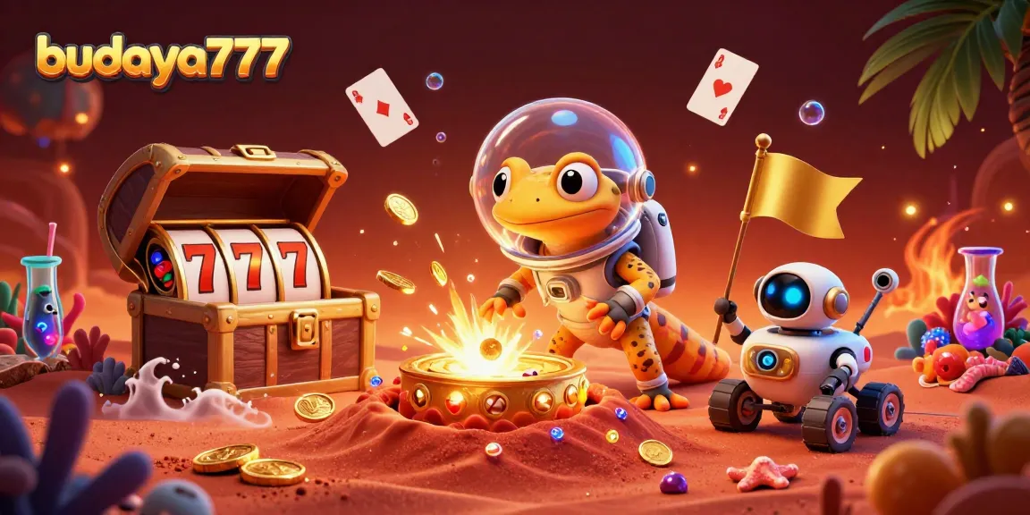 Gambarkan budaya777 dalam kasino emas, dengan karakter lucu dan simbol slot yang menarik.