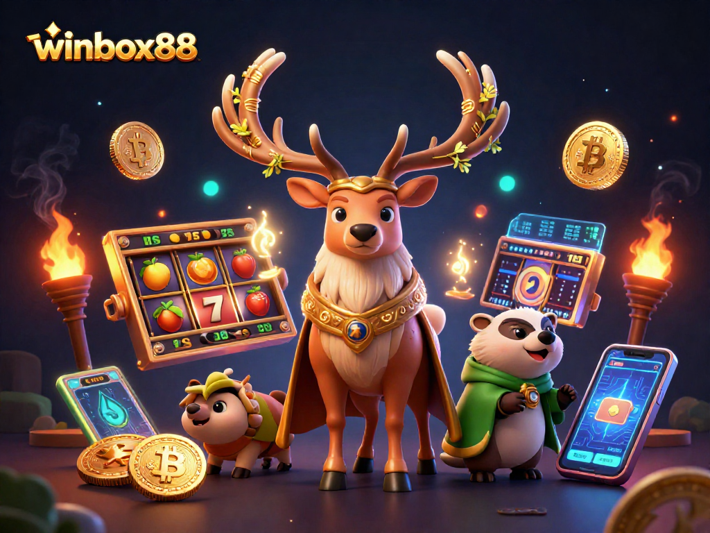 Winbox88 players spin slot reels with druid and badger in a magical casino scene.