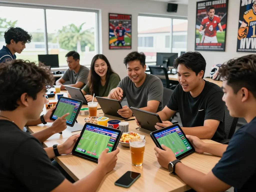 Friends analyzing betting strategies on Keonhacai in a vibrant sportsbook.