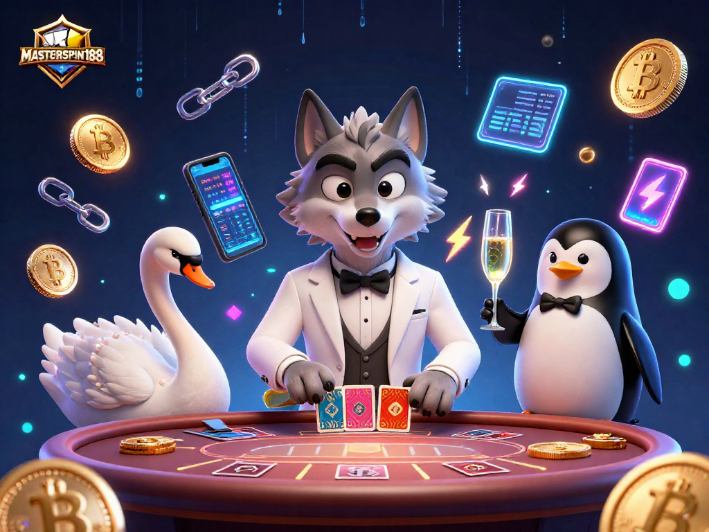 Experience exciting gaming at MASTERSPIN188 with our vibrant 3D casino illustration featuring charming characters dealing cards.
