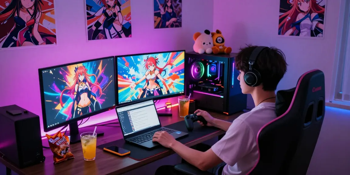 Engaging player immersed in hentai games with vibrant monitors and cozy gaming setup.