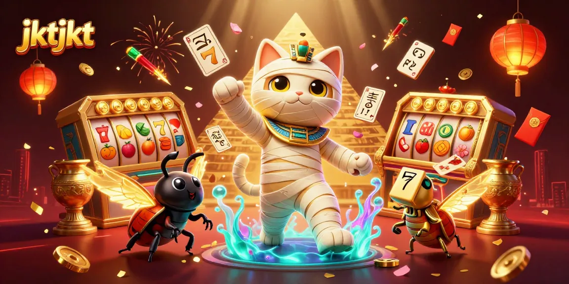Ilustrasi 3D menampilkan kucing mummy Mesir dan sahabat scarab di dunia kasino jktjkt yang megah.