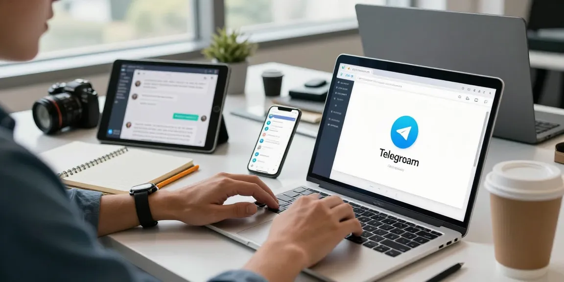 Telegramin-cn.com user setting up communication tools in a bright office workspace.