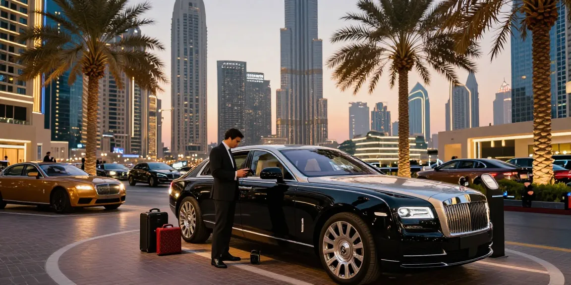 LUXURY 777 dalam konteks sewa mobil mewah di Dubai dengan mobil premium dan suasana kota yang glamor.