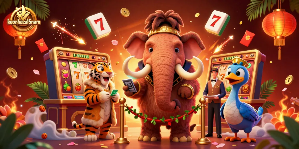 Engage with keonhacai5nam while witnessing a vibrant scene with a woolly mammoth bouncer and a saber-tooth tiger VIP.