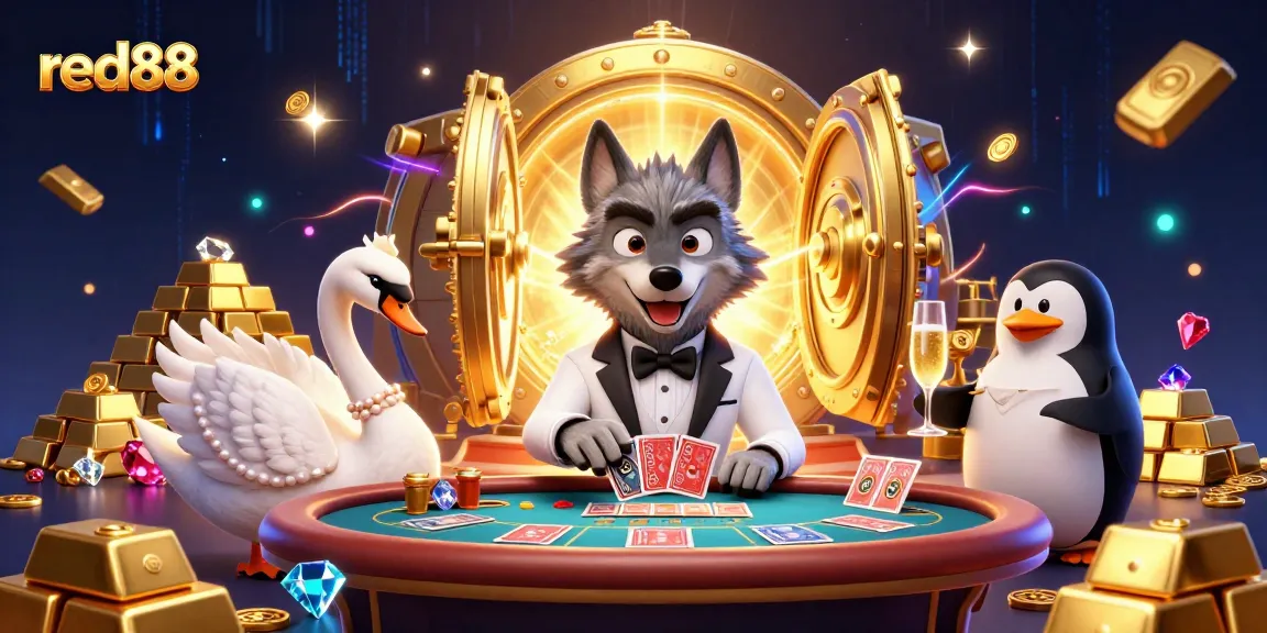 Immerse in red88's vibrant casino scene with a wolf, swan, and penguin celebrating rich jackpots.