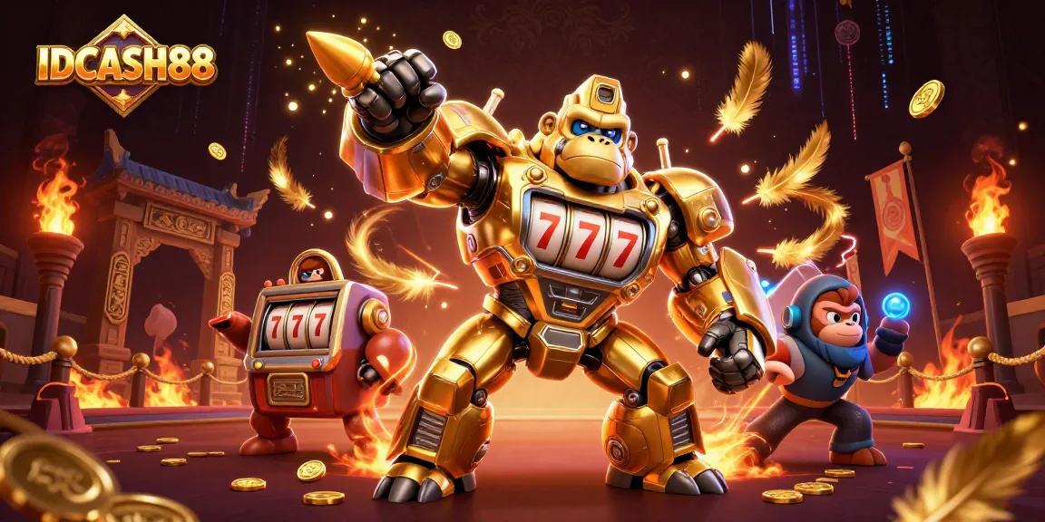 Experience IDCASH88 with an epic golden gorilla mech amidst a vibrant casino adventure.