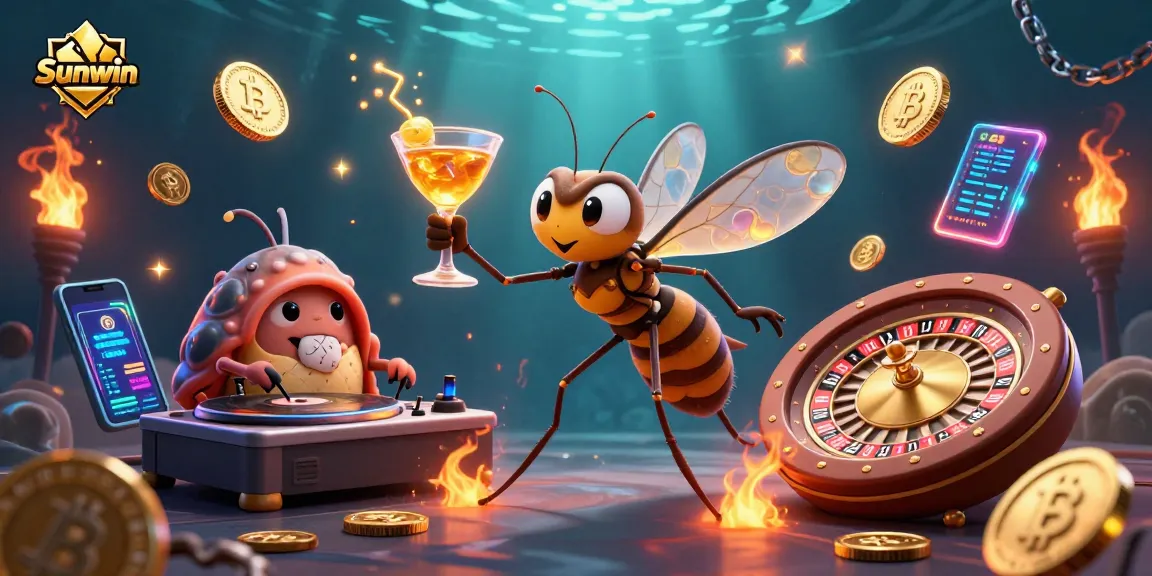 Sunwin's vibrant casino scene showcases a lively 3D mosquito mascot with a golden cocktail and a trilobite DJ amidst neon crypto elements.